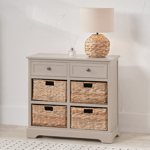 Bring both elegance and functionality to your home with this wood and woven storage unit. Featuring two wooden drawers and four handwoven banana leaf baskets.Shop online to day at www.nobleandnook.co.uk