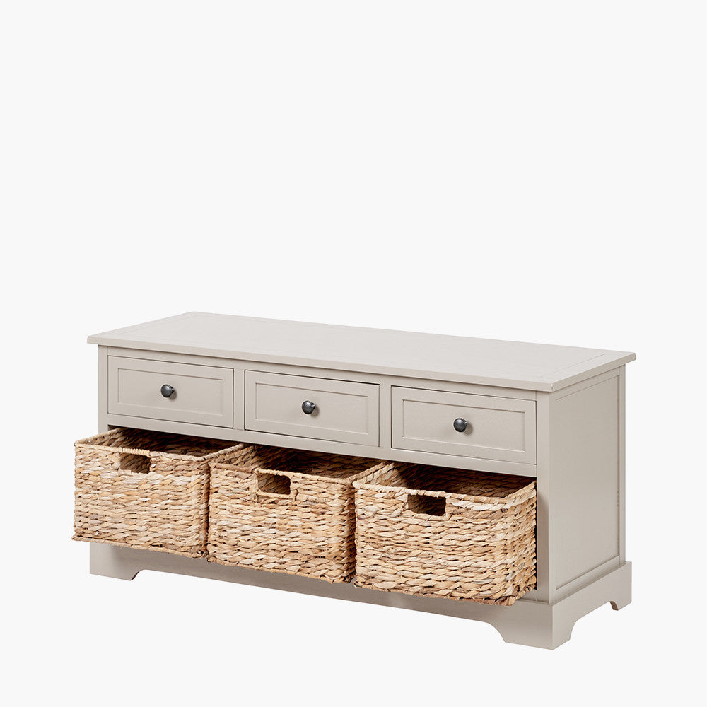 Upgrade your home with this elegant wood and woven storage unit, featuring three wooden drawers and three handwoven banana leaf baskets. Shop online today at www.nobleandnook.co.uk