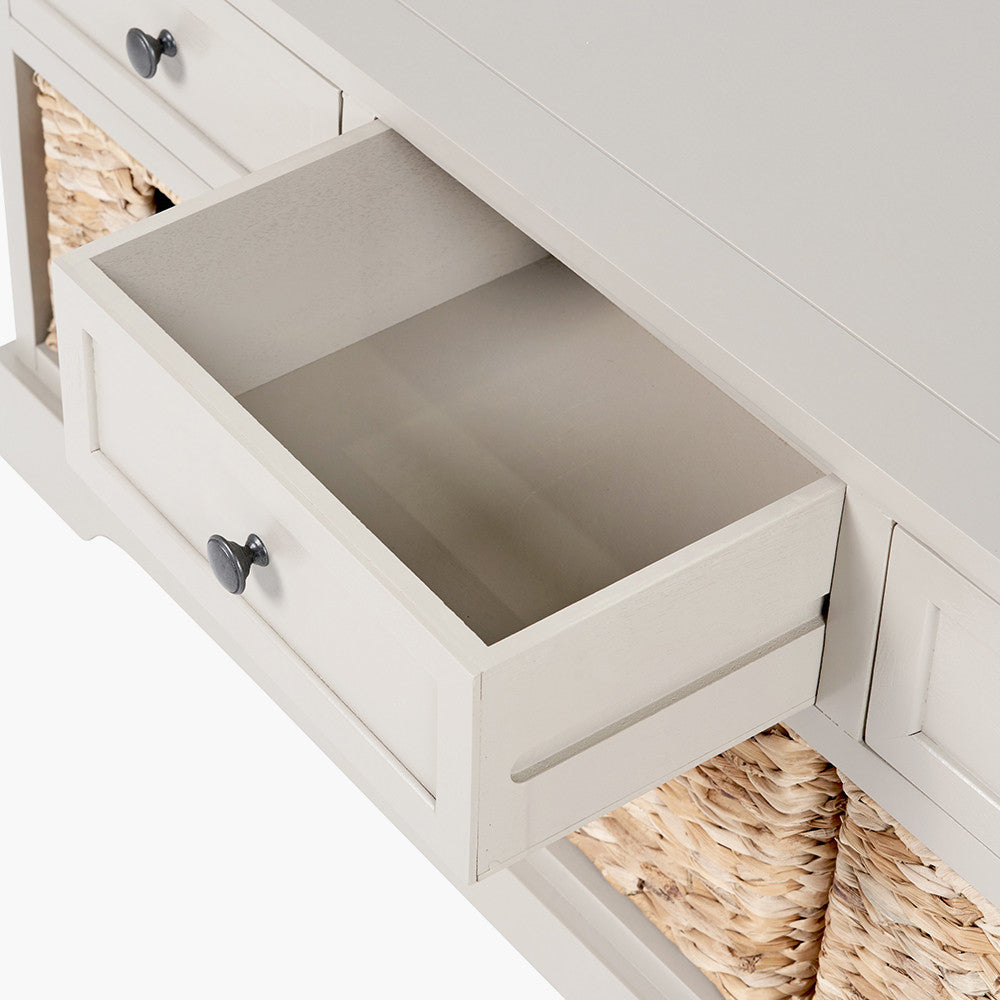 Upgrade your home with this elegant wood and woven storage unit, featuring three wooden drawers and three handwoven banana leaf baskets. Shop online today at www.nobleandnook.co.uk