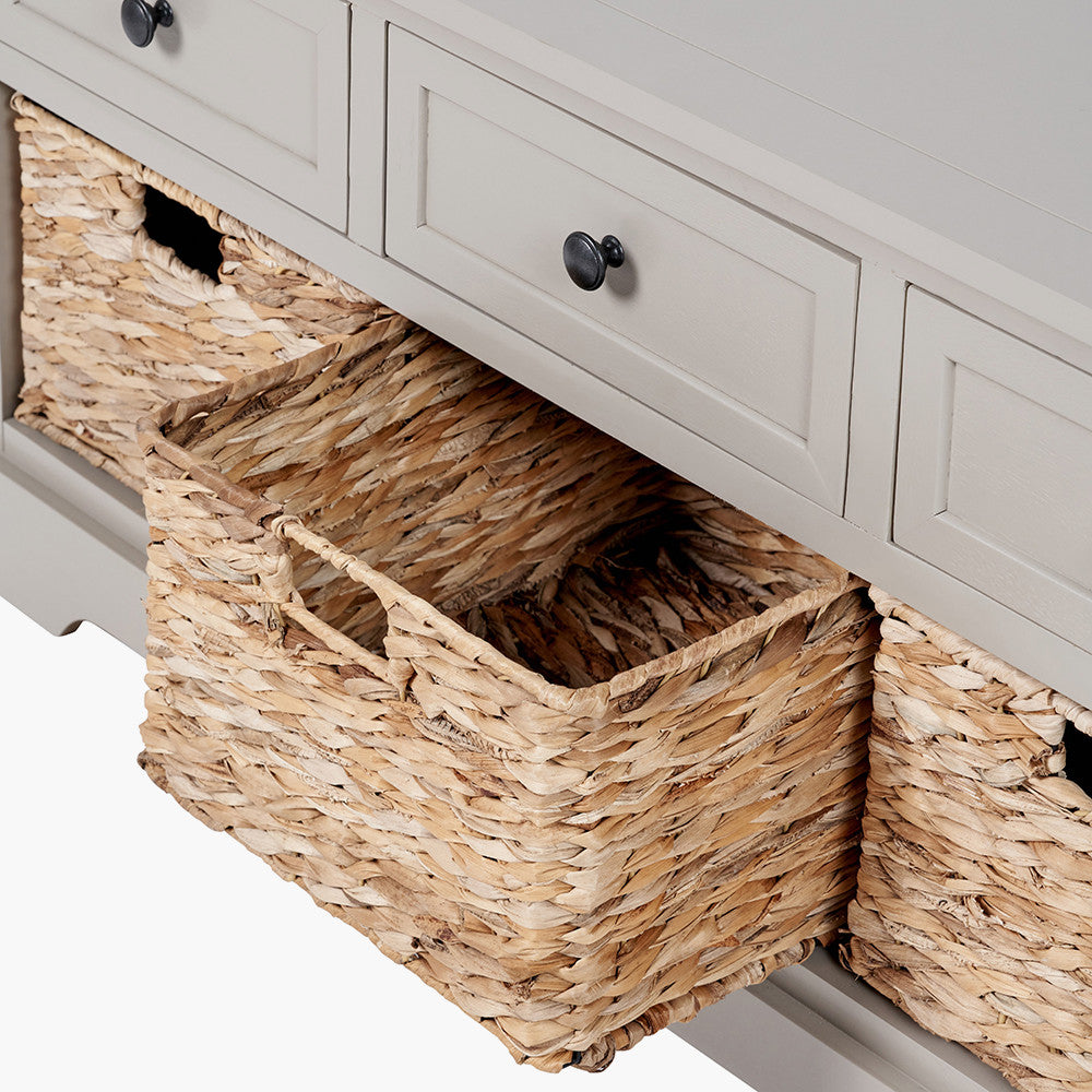 Upgrade your home with this elegant wood and woven storage unit, featuring three wooden drawers and three handwoven banana leaf baskets. Shop online today at www.nobleandnook.co.uk