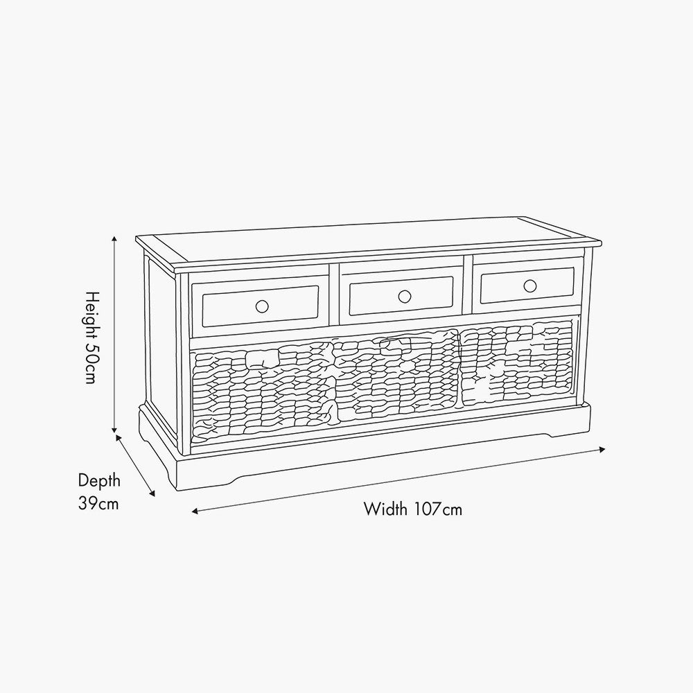 Upgrade your home with this elegant wood and woven storage unit, featuring three wooden drawers and three handwoven banana leaf baskets. Shop online today at www.nobleandnook.co.uk