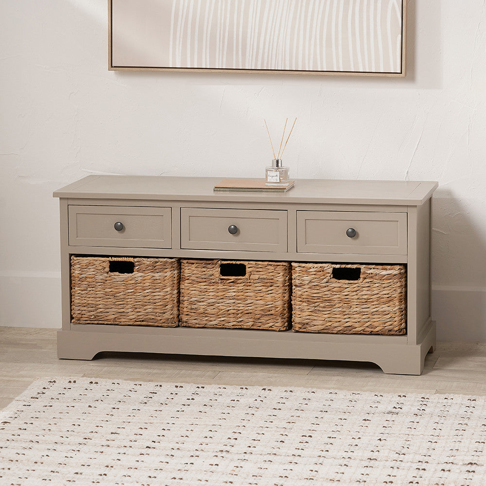 Upgrade your home with this elegant wood and woven storage unit, featuring three wooden drawers and three handwoven banana leaf baskets. Shop online today at www.nobleandnook.co.uk