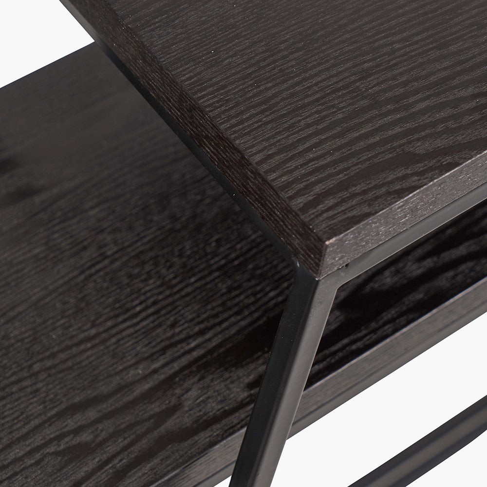 Add bold style and adaptability to your home with the Mashiko Black Ash Veneer and Black Metal Console Tables. Set of two versatile tables with sleek black ash veneer tops. Shop online today at www.nobleandnook.co.uk