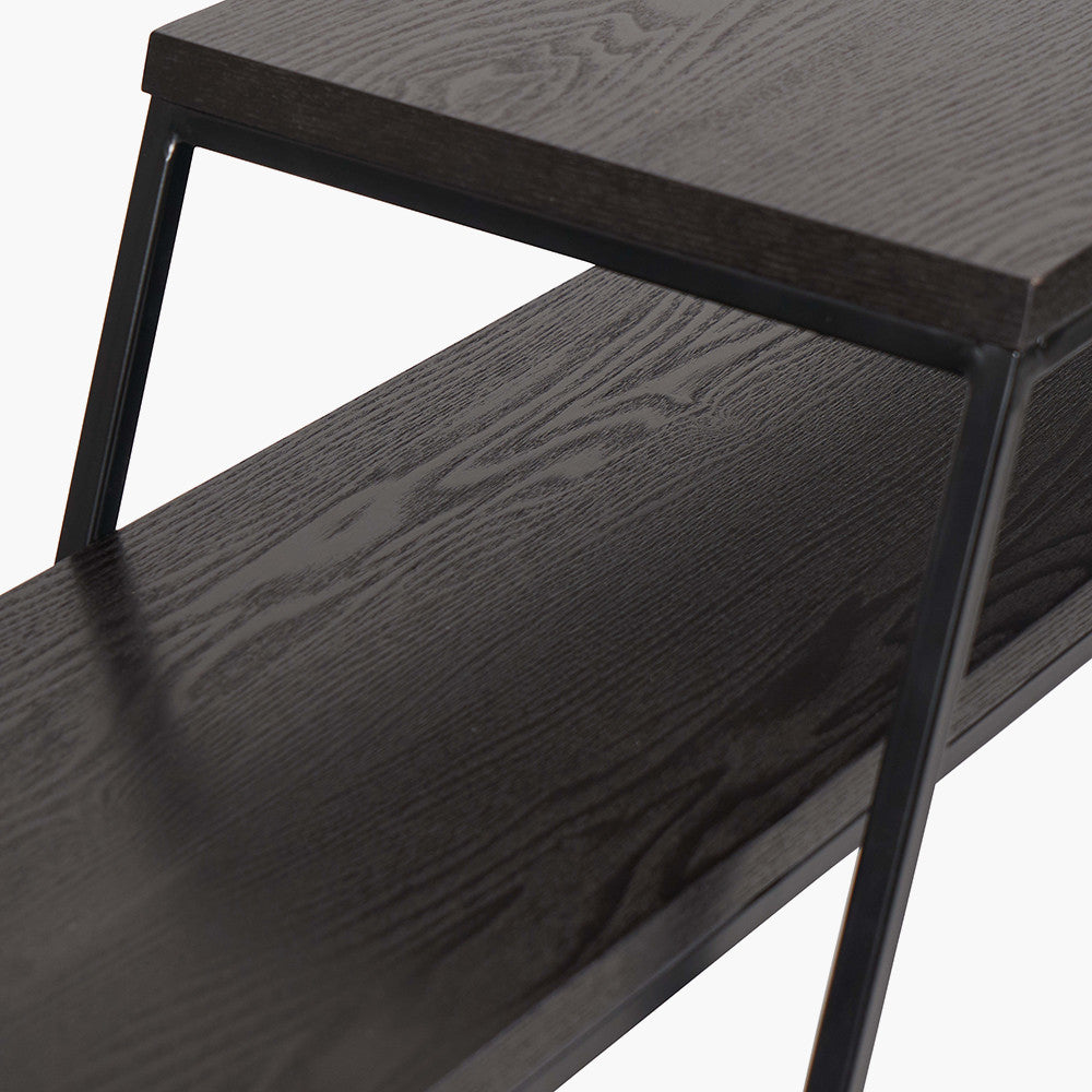 Add bold style and adaptability to your home with the Mashiko Black Ash Veneer and Black Metal Console Tables. Set of two versatile tables with sleek black ash veneer tops. Shop online today at www.nobleandnook.co.uk