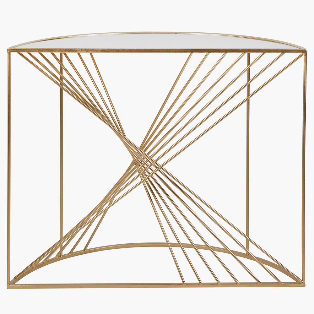 An Elegant Half Moon shape, perfect for hallways, entryways, or living rooms. Gold Metal Frame with Twisted Detailing with tempered glass top. Available at www.nobleandnook.co.uk