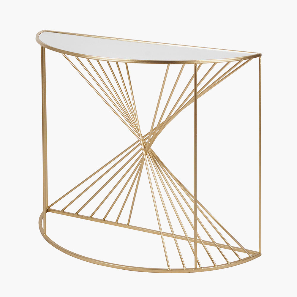 An Elegant Half Moon shape, perfect for hallways, entryways, or living rooms. Gold Metal Frame with Twisted Detailing with tempered glass top. Available at www.nobleandnook.co.uk