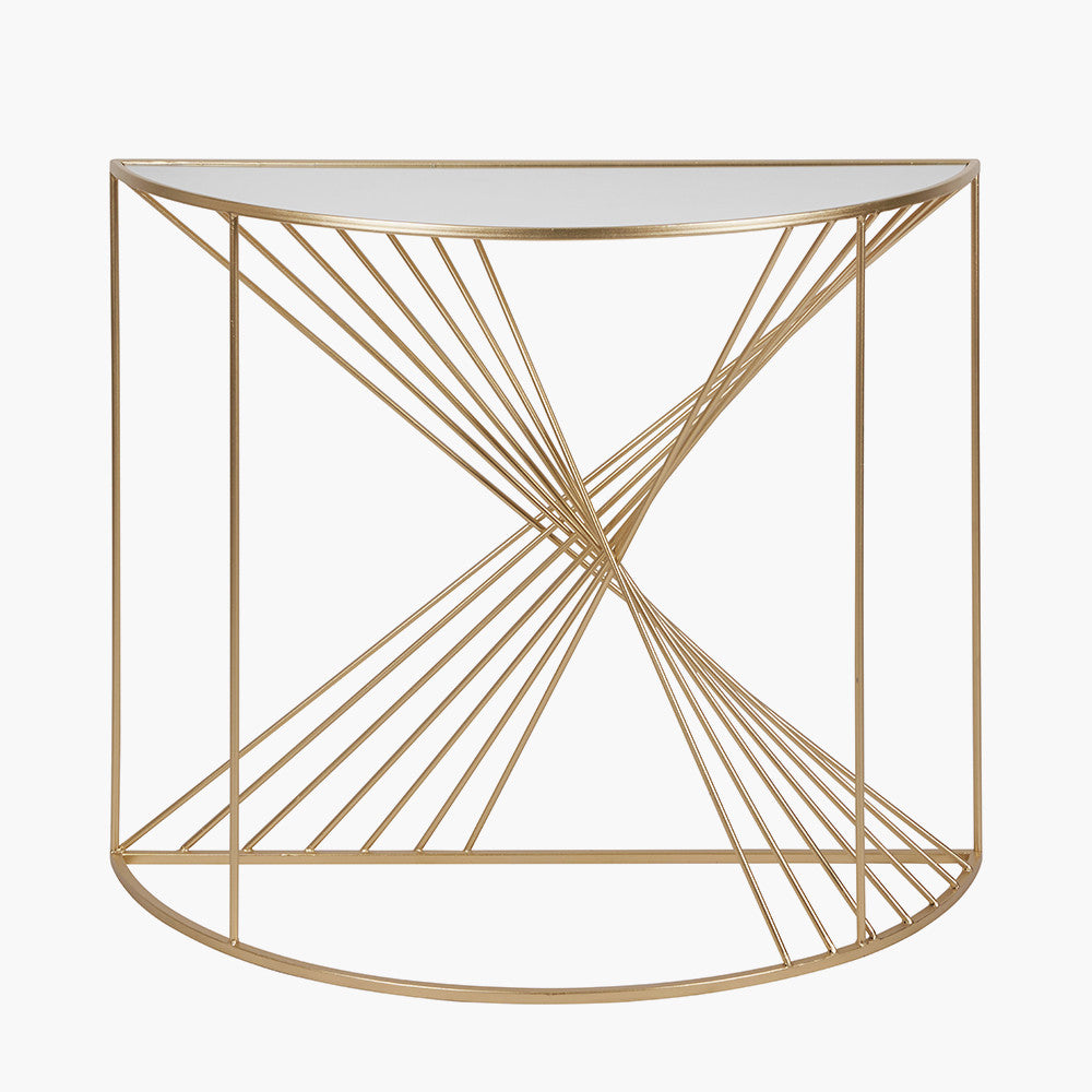 An Elegant Half Moon shape, perfect for hallways, entryways, or living rooms. Gold Metal Frame with Twisted Detailing with tempered glass top. Available at www.nobleandnook.co.uk