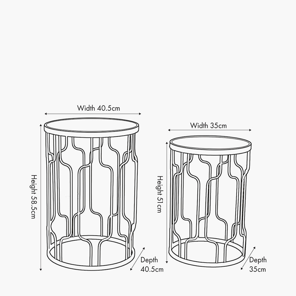 Set of Two Elegant Art Deco Design Side Tables – Includes one large and one small table for versatile styling. Black metal frames with circular silhouettes and mirrored glass tops. Available at www.nobleandnook.co.uk