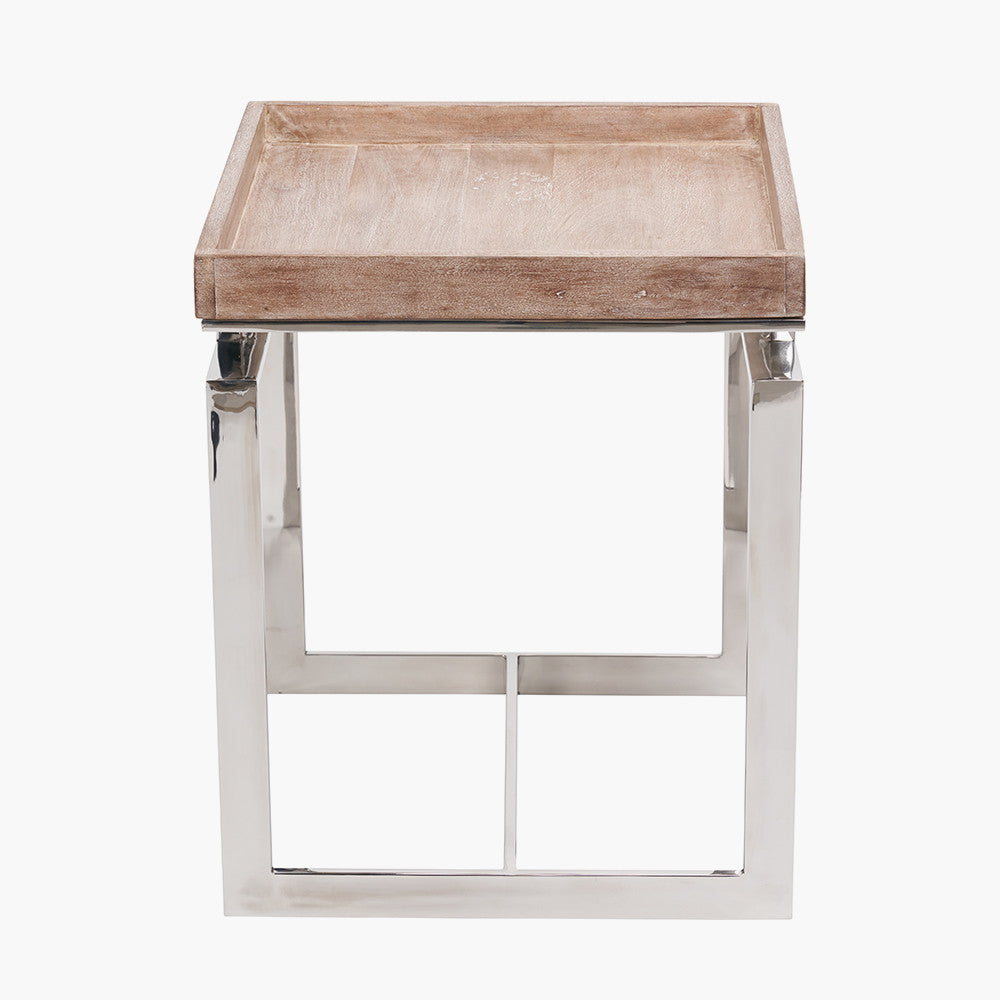 Shop the Evelyn Side Table, featuring a hand-finished antique mango wood top and a polished stainless steel frame. Dimensions W46xD46xH55cm. Shop online today at www.nobleandnook.co.uk