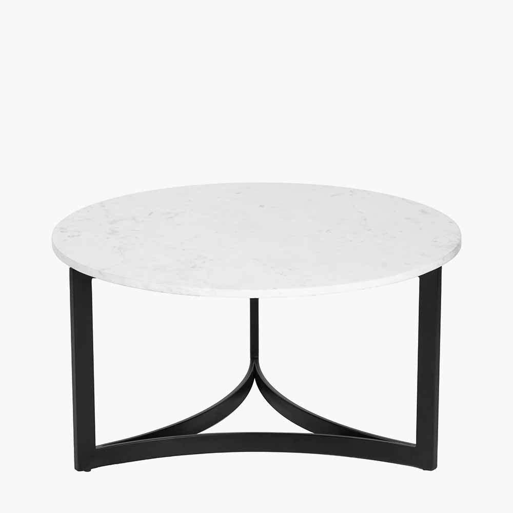 Shop the luxurious Hendrick White Marble & Black Metal Coffee Table featuring a sleek white marble top and curved black metal legs. Shop online now at www.nobleandnook.co.uk