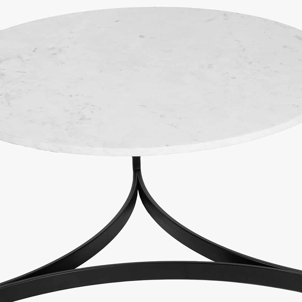 Shop the luxurious Hendrick White Marble & Black Metal Coffee Table featuring a sleek white marble top and curved black metal legs. Shop online now at www.nobleandnook.co.uk