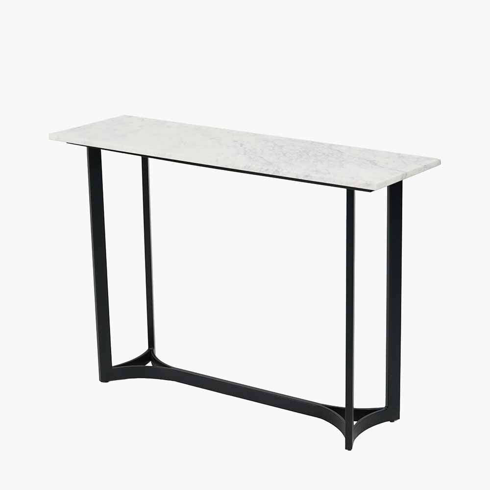 Shop this Black Metal and Genuine White Marble Top Console Table. Ideal for hallways, entrance halls, Living rooms and dining spaces. Dimensions W112xD36xH78cm. Shop online today at www.nobleandnook.co.uk