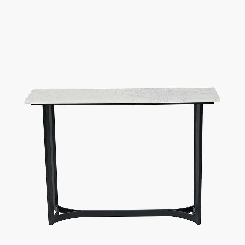Shop this Black Metal and Genuine White Marble Top Console Table. Ideal for hallways, entrance halls, Living rooms and dining spaces. Dimensions W112xD36xH78cm. Shop online today at www.nobleandnook.co.uk