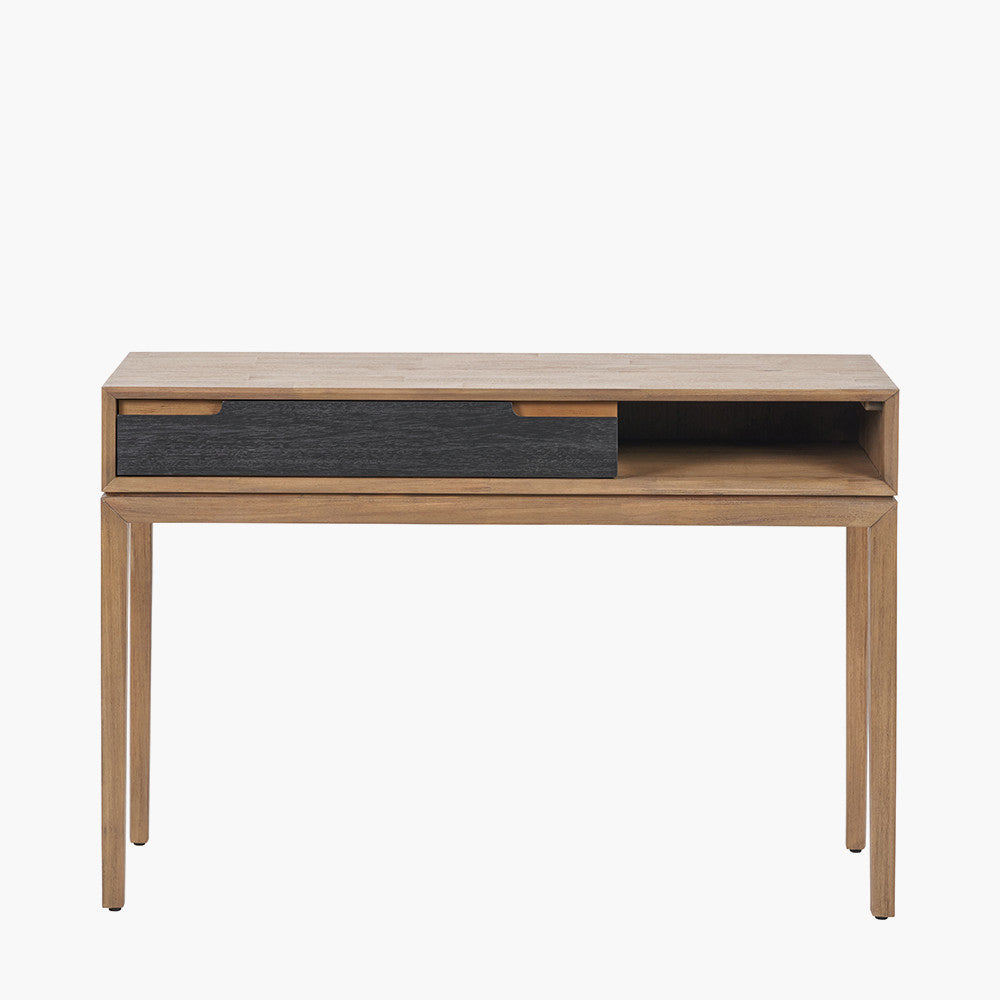 Crafted from solid acacia wood with a striking natural top and black frame, offering a bold, contemporary contrast. Scandinavian-Inspired Design. W120xD40xH80cm. www.nobleandnook.co.uk