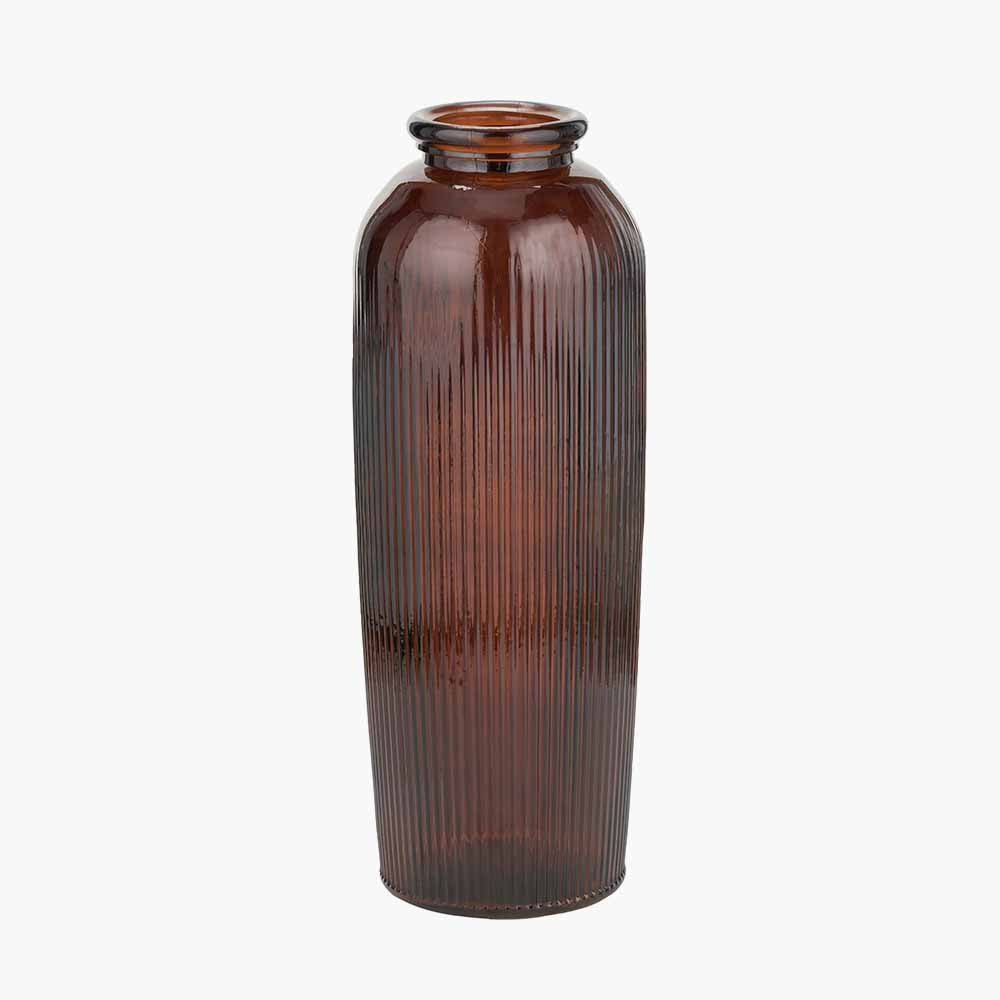 Pecan Brown Recycled Glass Ribbed Tall Vase – Sustainable Statement Vase
