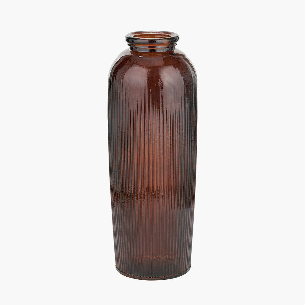 Pecan Brown Recycled Glass Ribbed Tall Vase – Sustainable Statement Vase