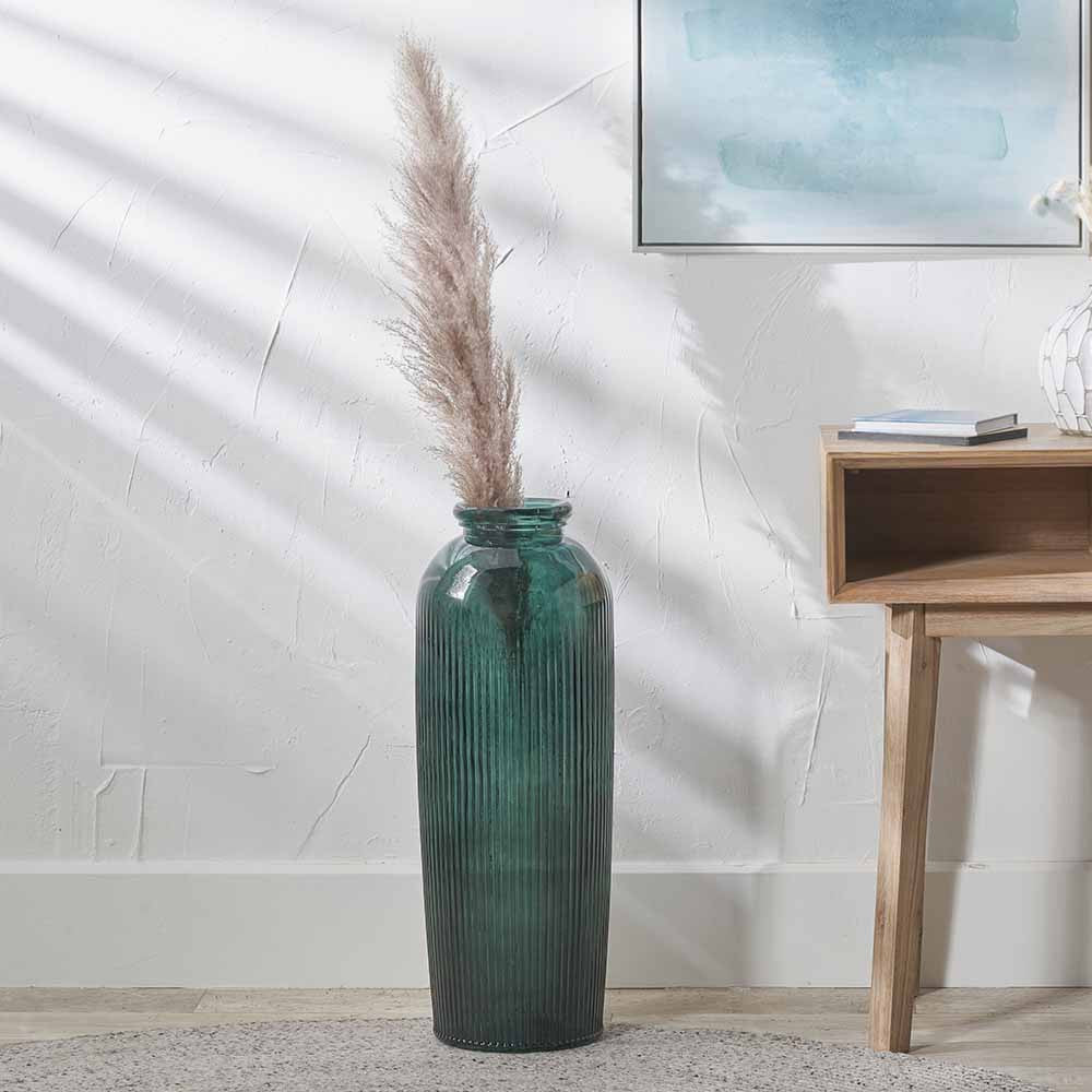 Sea Green Recycled Glass Ribbed Vase Tall – Sustainable Decorative Statement Vase