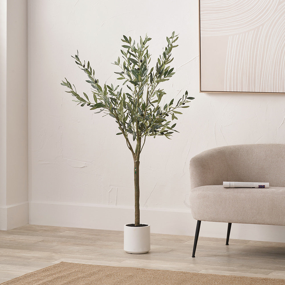 Medium Faux Olive Tree in White Pot – Realistic Mediterranean Home Décor Plant