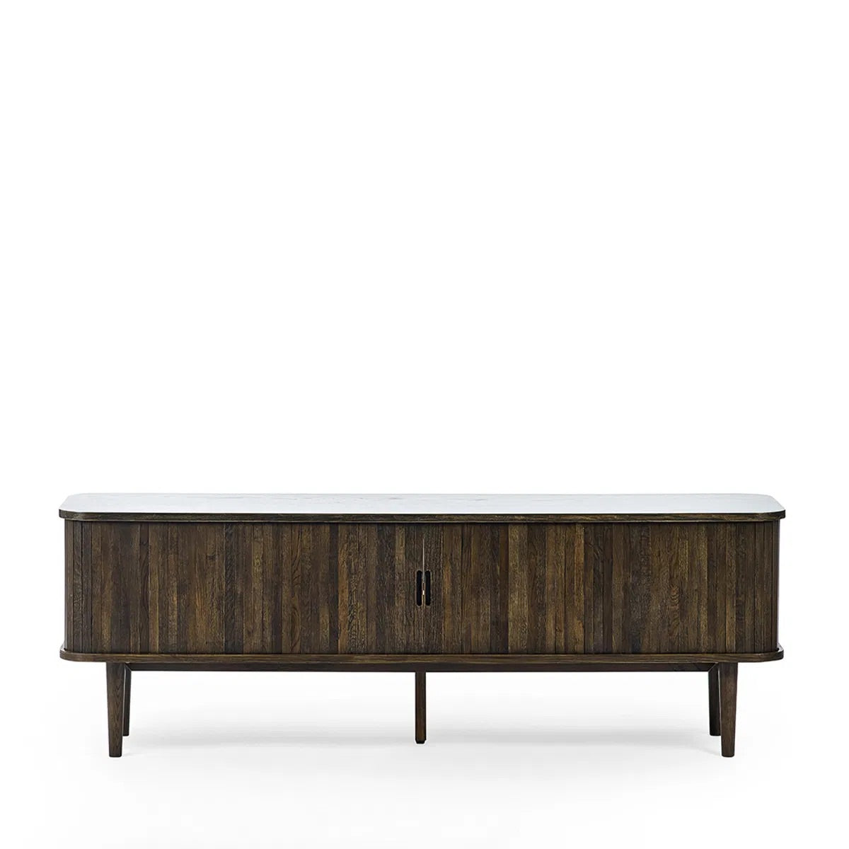 Elevate your living room with the Arya TV Media Unit in refined dark oak effect finish with sliding slatted doors. Perfect for modern homes. Shop online today at www.nobleandnook.co.uk