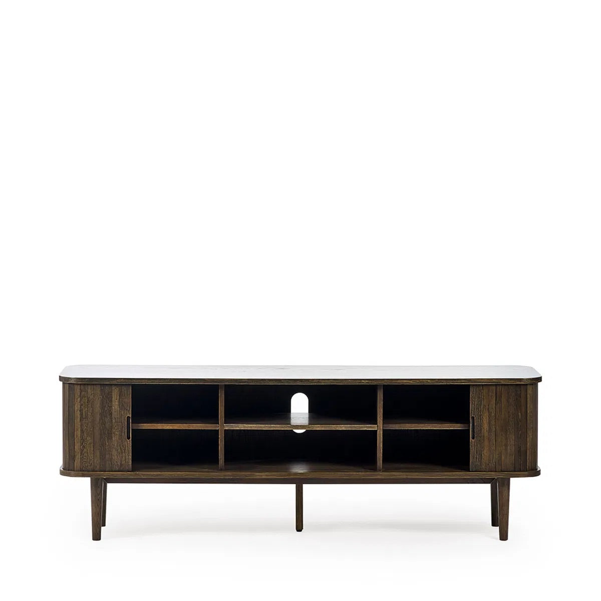 Elevate your living room with the Arya TV Media Unit in refined dark oak effect finish with sliding slatted doors. Perfect for modern homes. Shop online today at www.nobleandnook.co.uk