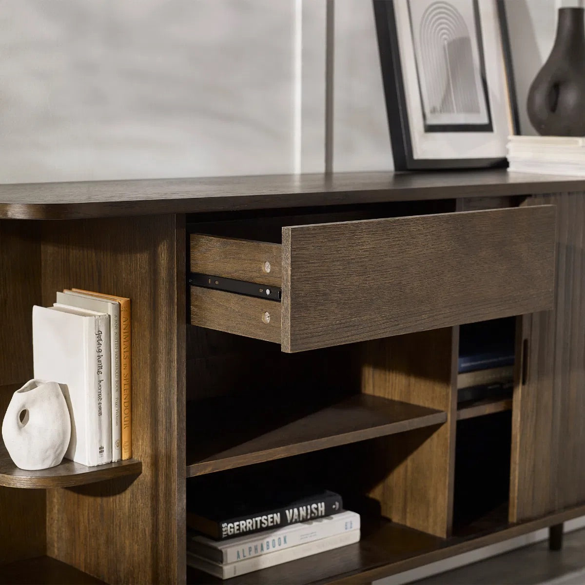 The perfect blend of form and function, elevating any space, offering generous storage with drawers, open shelving, and hidden compartments. Available at www.nobleandnook.co.uk