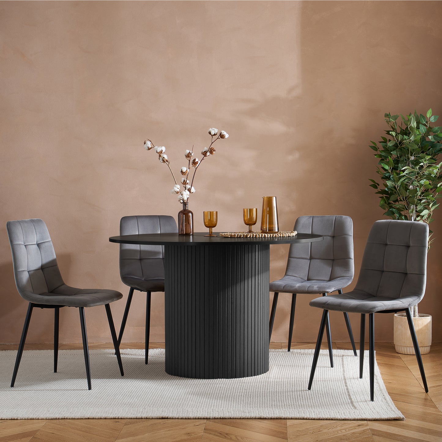 Contemporary round dining table with elegant fluted detailing, this piece adds subtle texture and modern charm to your dining space (dimensions H76xW120xD120cm) Shop online today at www.nobleandnook.co.uk