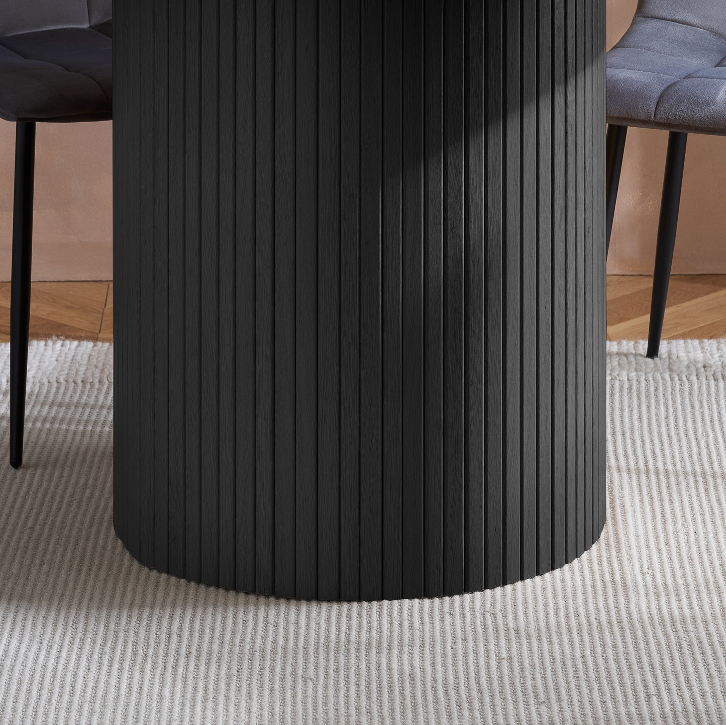 Contemporary round dining table with elegant fluted detailing, this piece adds subtle texture and modern charm to your dining space (dimensions H76xW120xD120cm) Shop online today at www.nobleandnook.co.uk