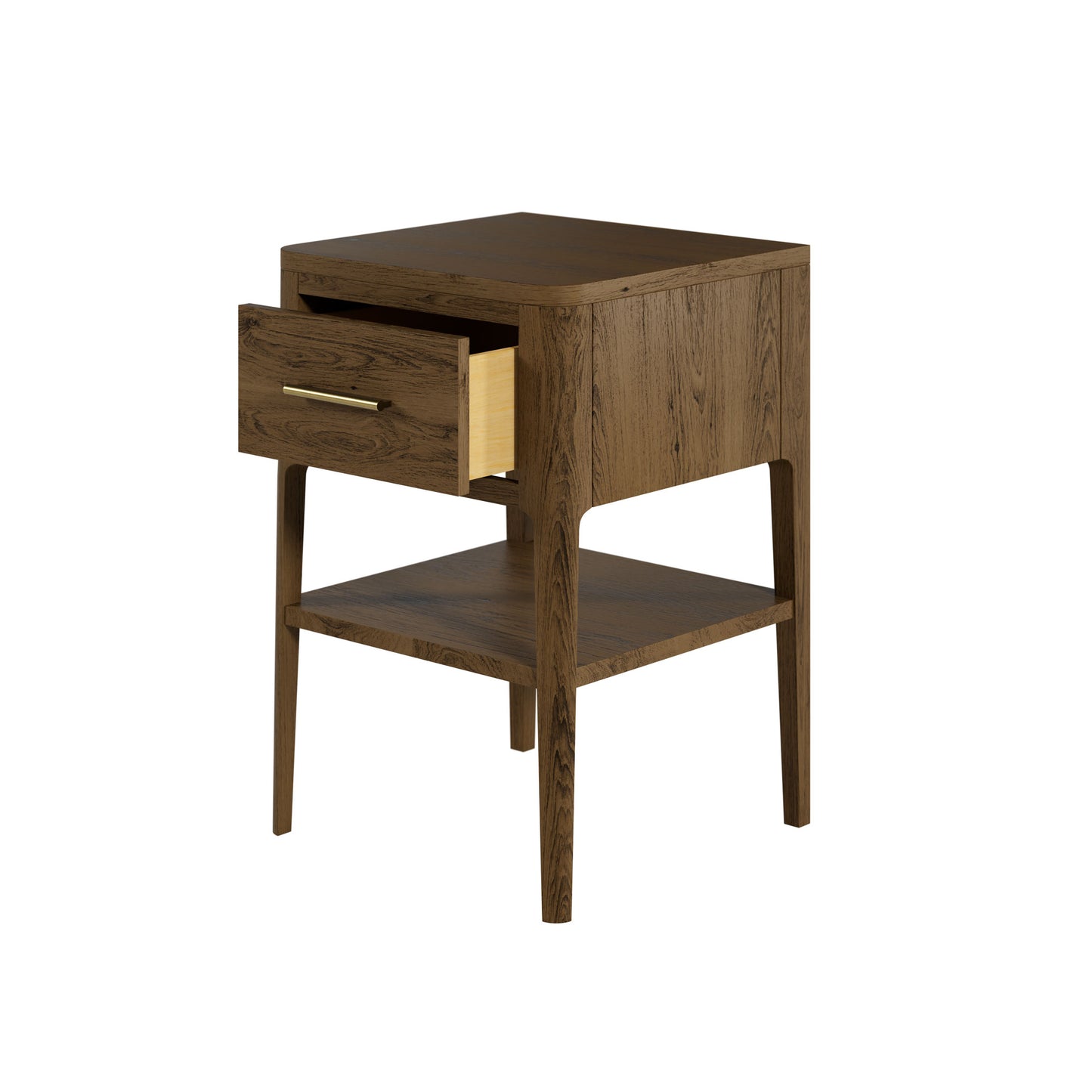 Shop the Abberley Bedside Table in Brown solid oak with curved front and brass style bar handle by D.I. Designs. FREE UK Mainland Delivery. Shop online today at www.nobleandnook.co.uk