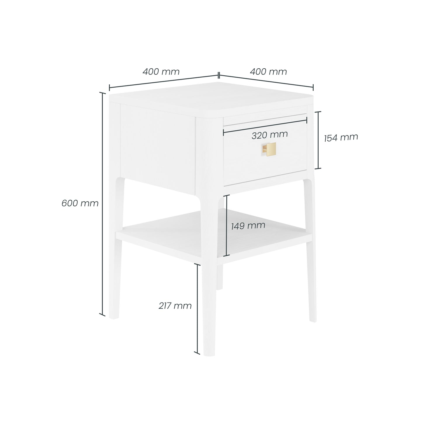 Shop the Abberley Bedside Table in White solid oak with curved front and brass style square handle by D.I. Designs. FREE UK Mainland Delivery. Shop online today at www.nobleandnook.co.uk