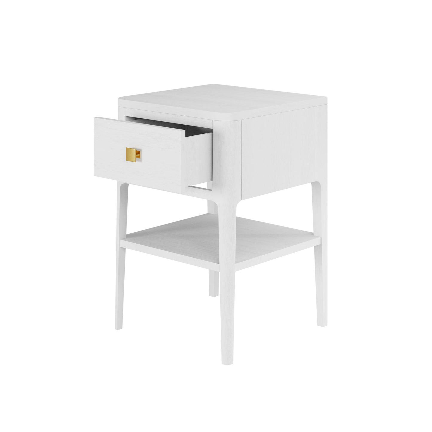 Shop the Abberley Bedside Table in White solid oak with curved front and brass style square handle by D.I. Designs. FREE UK Mainland Delivery. Shop online today at www.nobleandnook.co.uk