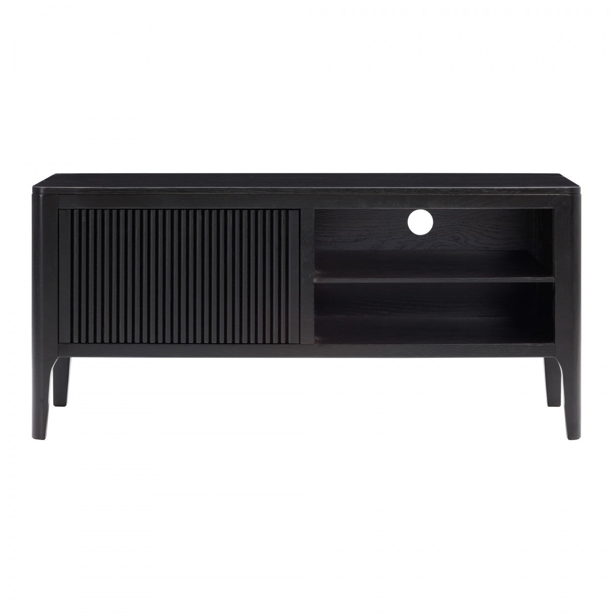 Shop the Abberley TV Unit, crafted in black stained oak with visible wood grain and a ribbed design. FREE UK Mainland Delivery. Shop online today at www.nobleandnook.co.uk