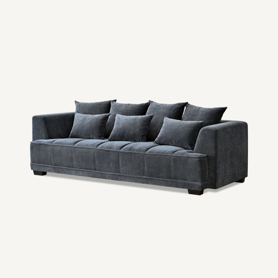 Shop the Aluxo Gramercy 3 Seater Sofa in Steel Velvet, featuring block stitched seat cushions and stunning steel-coloured mermaid boucle fabric for a modern luxury with timeless opulence. Shop online today at www.nobleandnook.co.uk