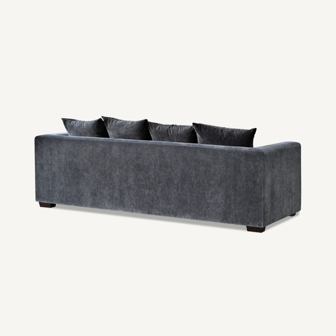 Shop the Aluxo Gramercy 3 Seater Sofa in Steel Velvet, featuring block stitched seat cushions and stunning steel-coloured mermaid boucle fabric for a modern luxury with timeless opulence. Shop online today at www.nobleandnook.co.uk