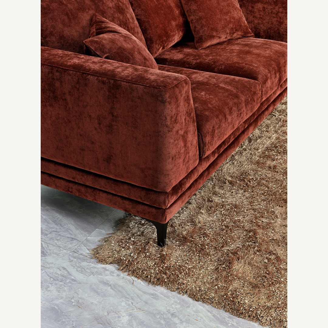Shop the Aluxo Lenox 3 Seater Sofa in Rust Velvet, a timeless mid-century modern sofa that combines sleek lines and minimalist design with deep, sumptuous cushions for the utmost comfort. Crafted with a solid wooden frame and high-density foam padding. Shop online today at www.nobleandnook.co.uk