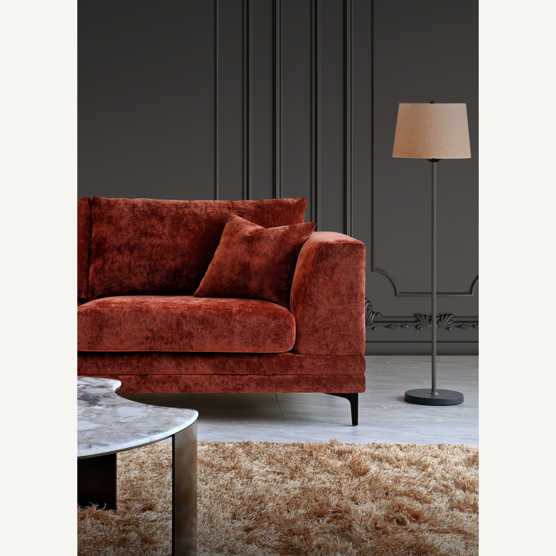 Shop the Aluxo Lenox 3 Seater Sofa in Rust Velvet, a timeless mid-century modern sofa that combines sleek lines and minimalist design with deep, sumptuous cushions for the utmost comfort. Crafted with a solid wooden frame and high-density foam padding. Shop online today at www.nobleandnook.co.uk