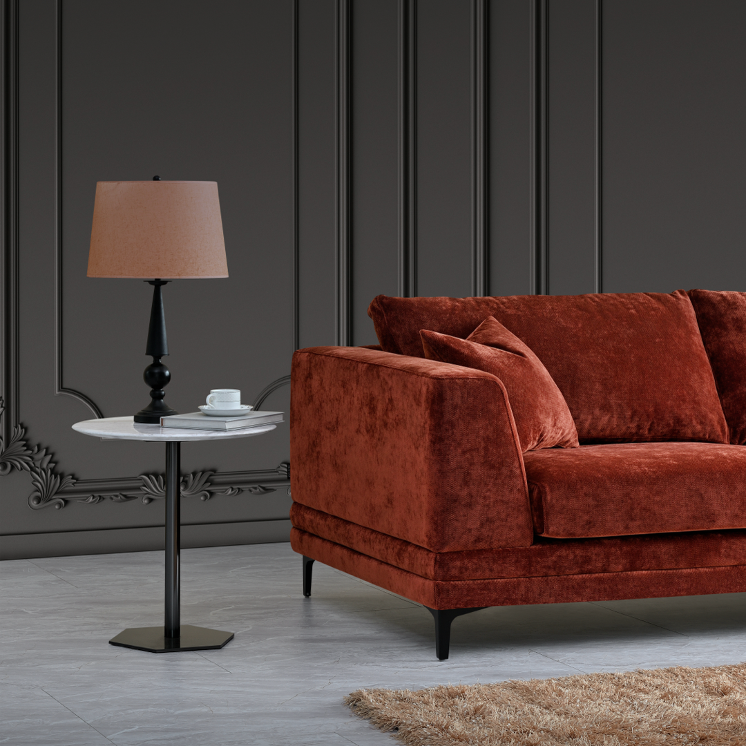 Shop the Aluxo Lenox 3 Seater Sofa in Rust Velvet, a timeless mid-century modern sofa that combines sleek lines and minimalist design with deep, sumptuous cushions for the utmost comfort. Crafted with a solid wooden frame and high-density foam padding. Shop online today at www.nobleandnook.co.uk