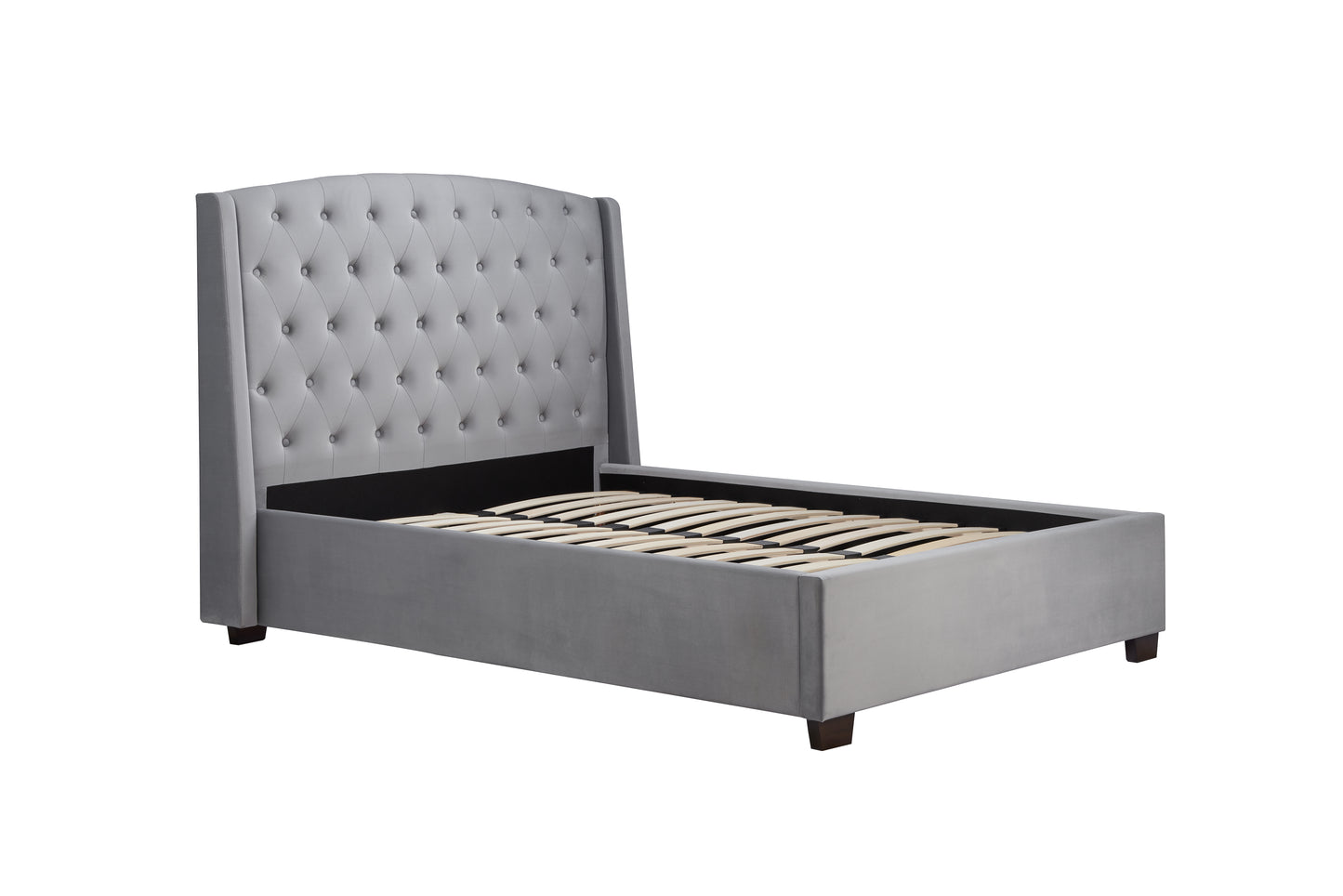 The Balmoral bed frame, a perfect blend of luxury and contemporary elegance. Upholstered in sumptuous grey velvet with striking wingback headboard. Shop online today at www.nobleandnook.co.uk