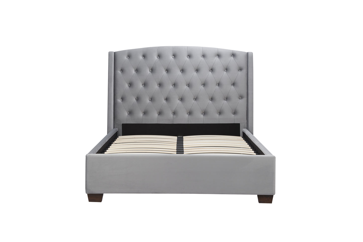 The Balmoral bed frame, a perfect blend of luxury and contemporary elegance. Upholstered in sumptuous grey velvet with striking wingback headboard. Shop online today at www.nobleandnook.co.uk