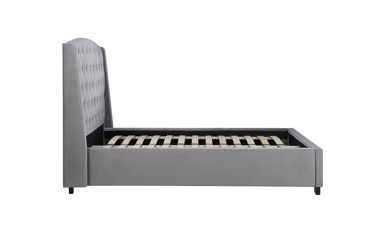 The Balmoral bed frame, a perfect blend of luxury and contemporary elegance. Upholstered in sumptuous grey velvet with striking wingback headboard. Shop online today at www.nobleandnook.co.uk