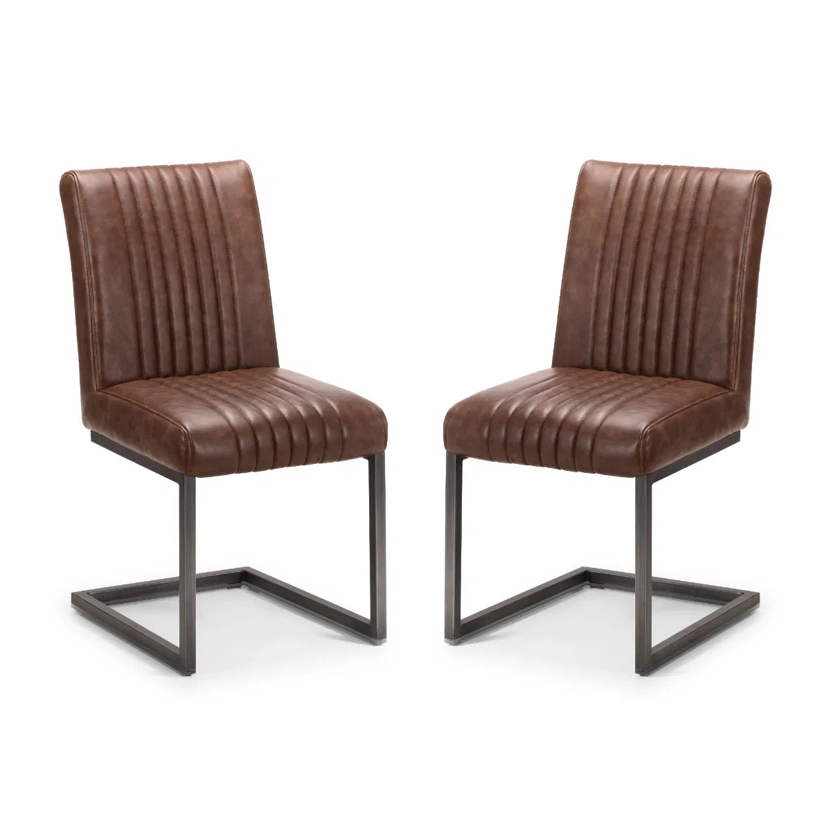 Set of 2 Industrial Dining Chairs - Vintage Brown Faux Leather Upholstery - No Assembly Required – 12-Month Product Guarantee - H88.5 x W47 x D65 cm. www.nobleandnook.co.uk