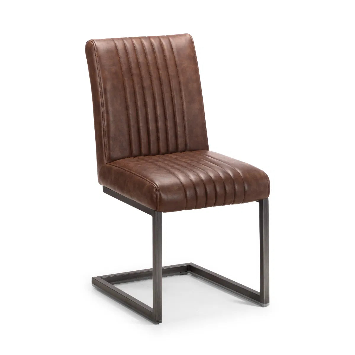 Set of 2 Industrial Dining Chairs - Vintage Brown Faux Leather Upholstery - No Assembly Required – 12-Month Product Guarantee - H88.5 x W47 x D65 cm. www.nobleandnook.co.uk