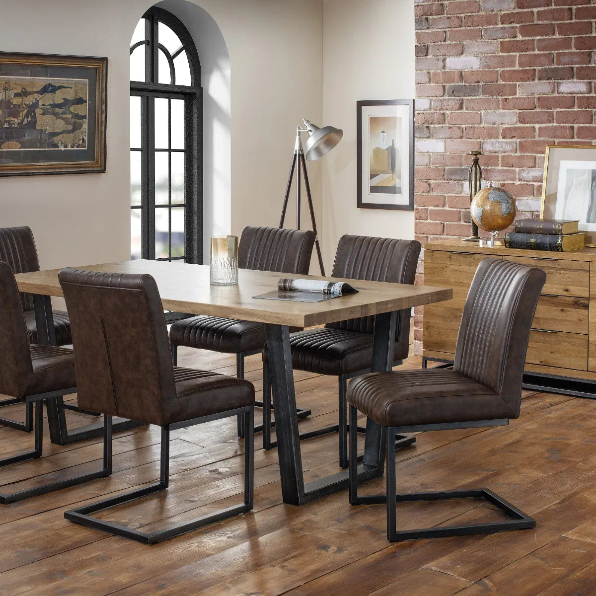 Set of 2 Industrial Dining Chairs - Vintage Brown Faux Leather Upholstery - No Assembly Required – 12-Month Product Guarantee - H88.5 x W47 x D65 cm. www.nobleandnook.co.uk