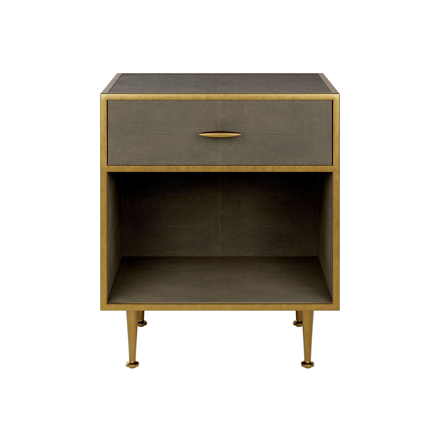 Shop the Hampton Bedside Table in Grey Shagreen with antique brass style handle and legs. Shop online today at www.nobleandnook.co.uk