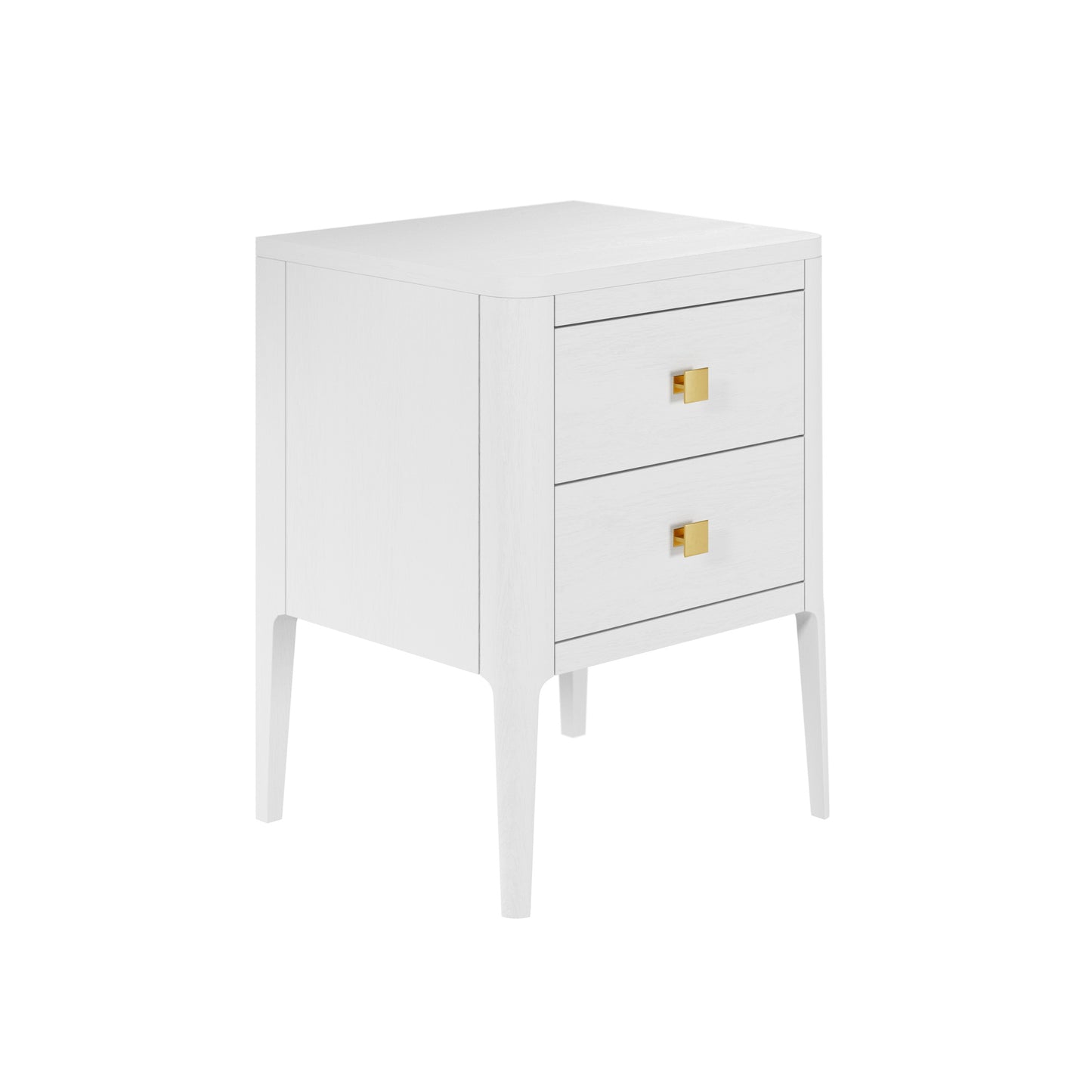 Shop the Abberley Bedside Table, an elegant white oak 2-drawer bedside table with visible grain and brass style square handles by D.I. Designs. FREE UK MAINLAND DELIVERY. Shop online now at www.nobleandnook.co.uk