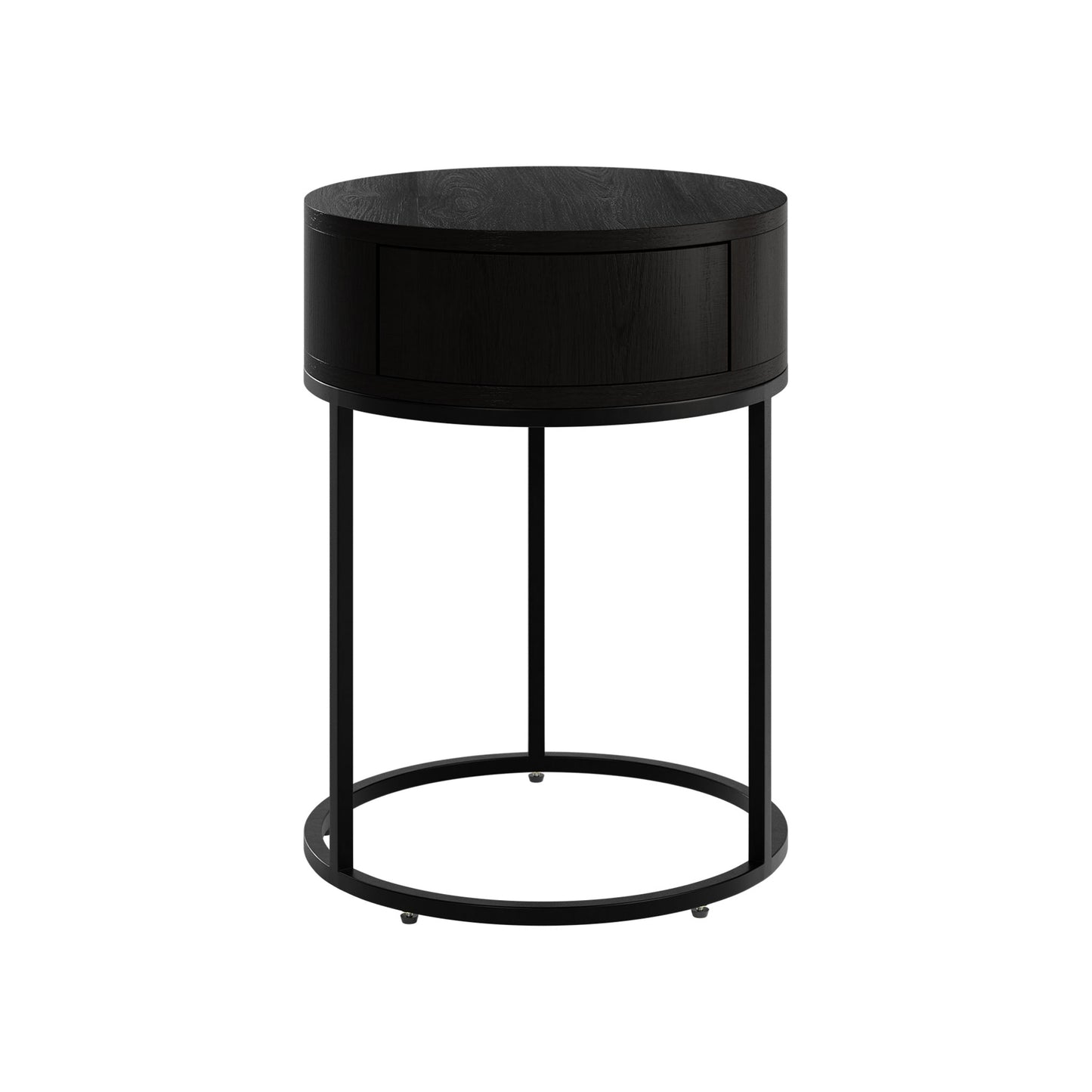 Shop the Hampton Round Wooden Bedside Table in Black Oak with black metal legs by D.I. Designs. FREE UK Mainland Delivery. Shop online today at www.nobleandnook.co.uk