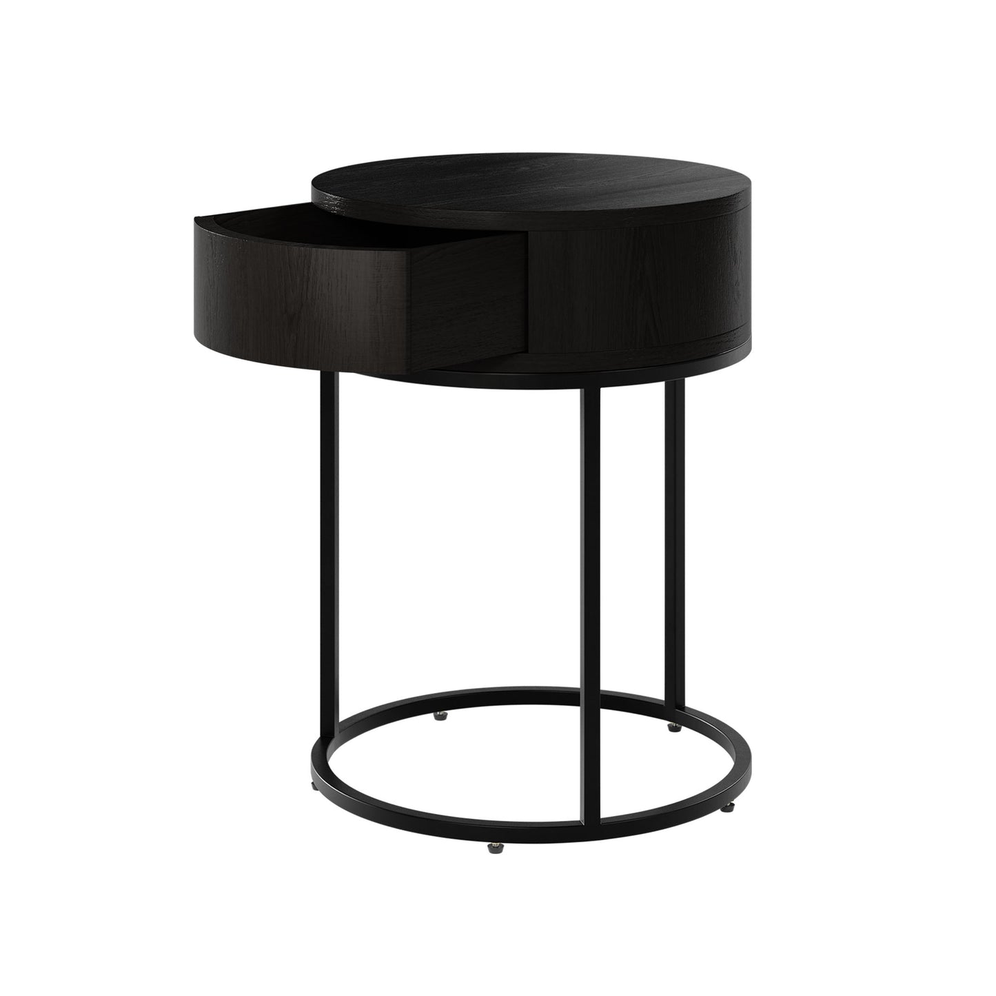 Shop the Hampton Round Wooden Bedside Table in Black Oak with black metal legs by D.I. Designs. FREE UK Mainland Delivery. Shop online today at www.nobleandnook.co.uk