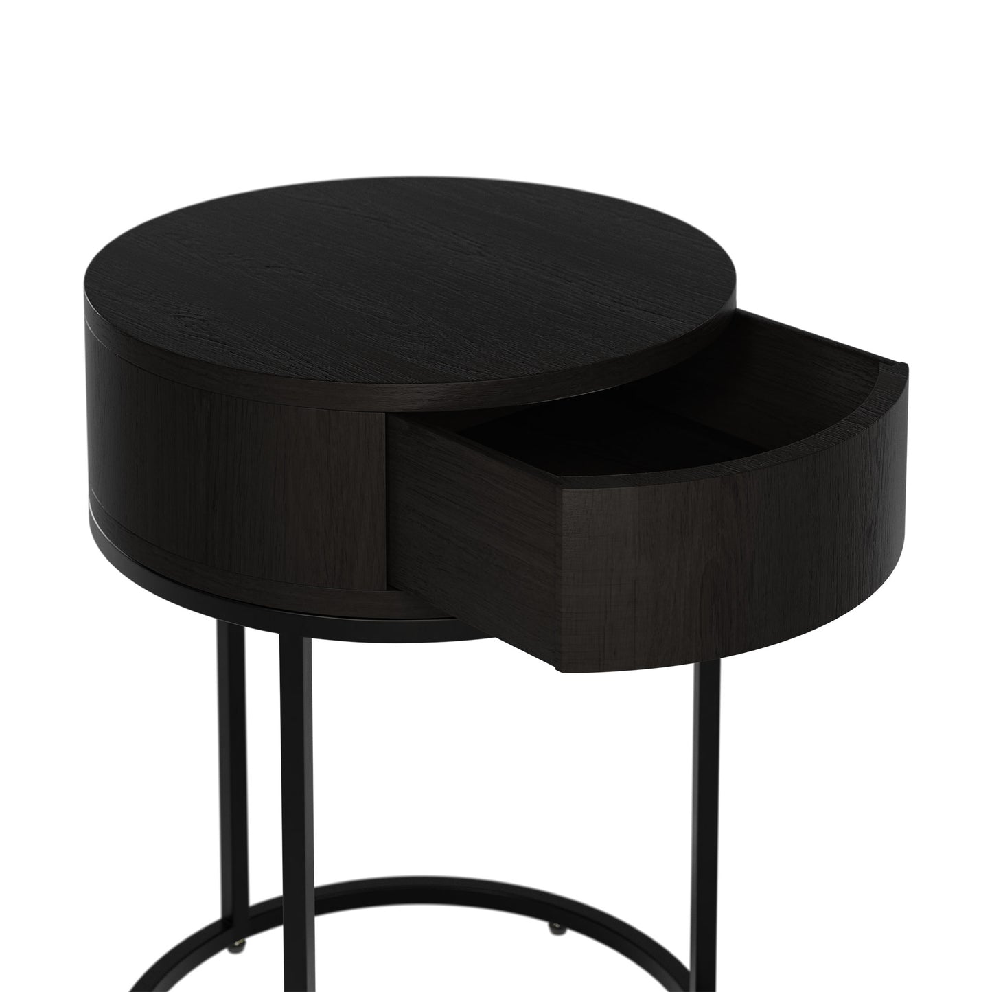 Shop the Hampton Round Wooden Bedside Table in Black Oak with black metal legs by D.I. Designs. FREE UK Mainland Delivery. Shop online today at www.nobleandnook.co.uk