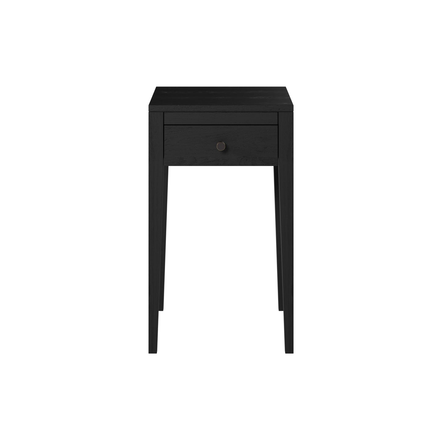 Shop the Radford Bedside Table in black oak with 1 drawer, visible grain and brush brass style round handles by D.I. Designs. Shop online now at www.nobleandnook.co.uk