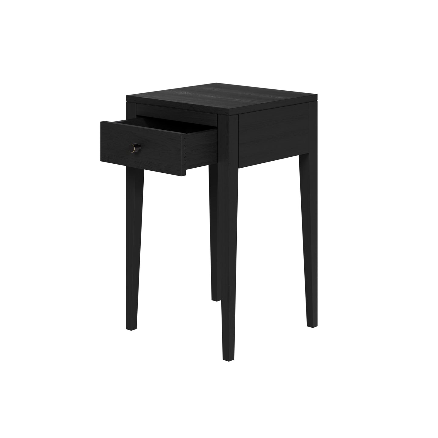 Shop the Radford Bedside Table in black oak with 1 drawer, visible grain and brush brass style round handles by D.I. Designs. Shop online now at www.nobleandnook.co.uk