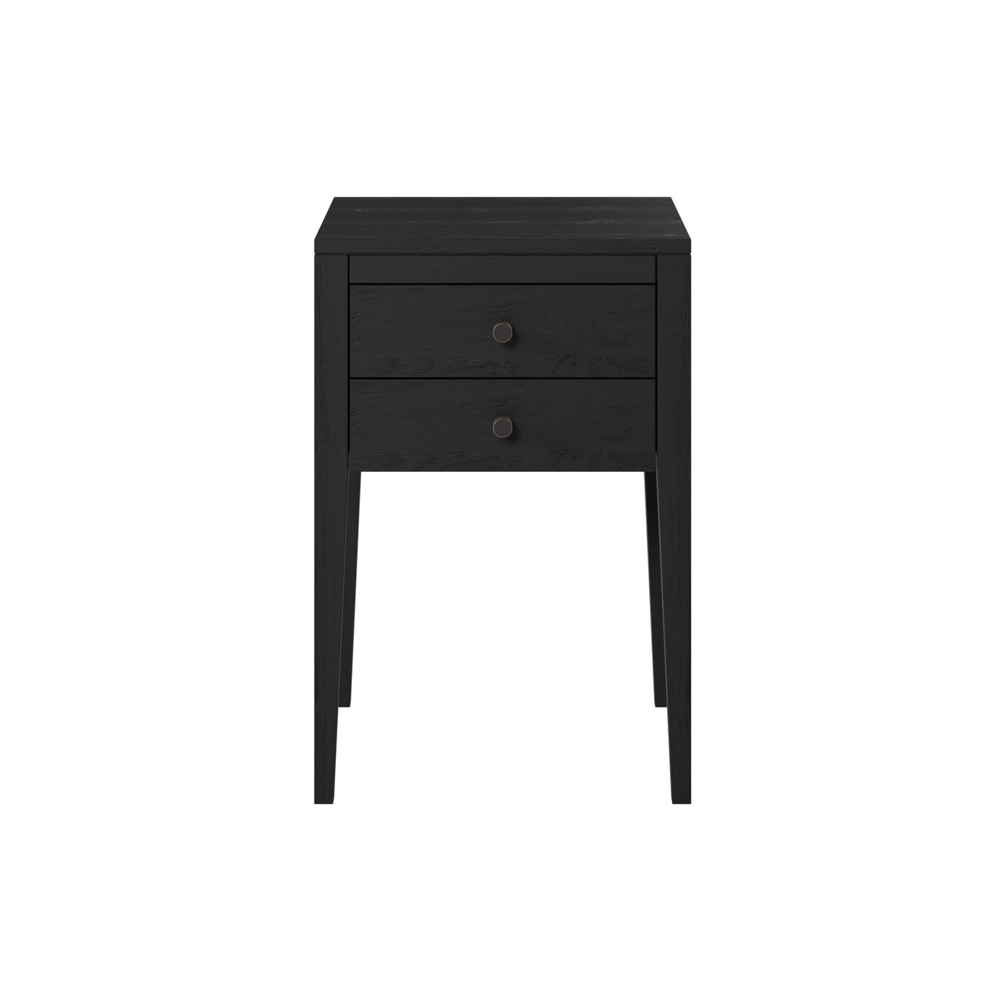 Shop the Radford Bedside Table in black solid oak with visible grain and two drawers by D.I. Designs. Shop online today at www.nobleandnook.co.uk
